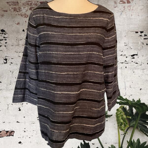 pureJill navy,black,white striped textured cotton 3/4 sleeve boxy fit top S